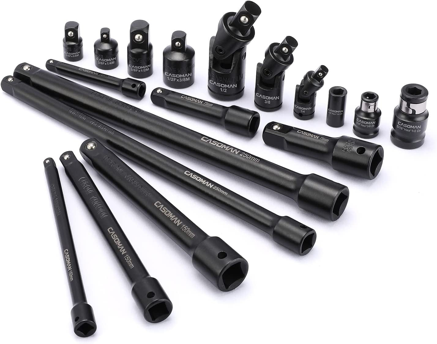 18-Piece Premium Drive Tool Accessory Set - Durable CR-V Steel, Black Phosphate Finish, Includes Socket Adapters, Extensions, Universal Joints, and Impact Coupler for Professionals