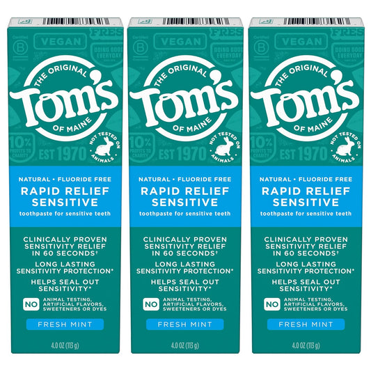 Fluoride-Free Sensitive Toothpaste - Rapid Relief, Fresh Mint, 4 oz - 3-Pack (Packaging May Vary)